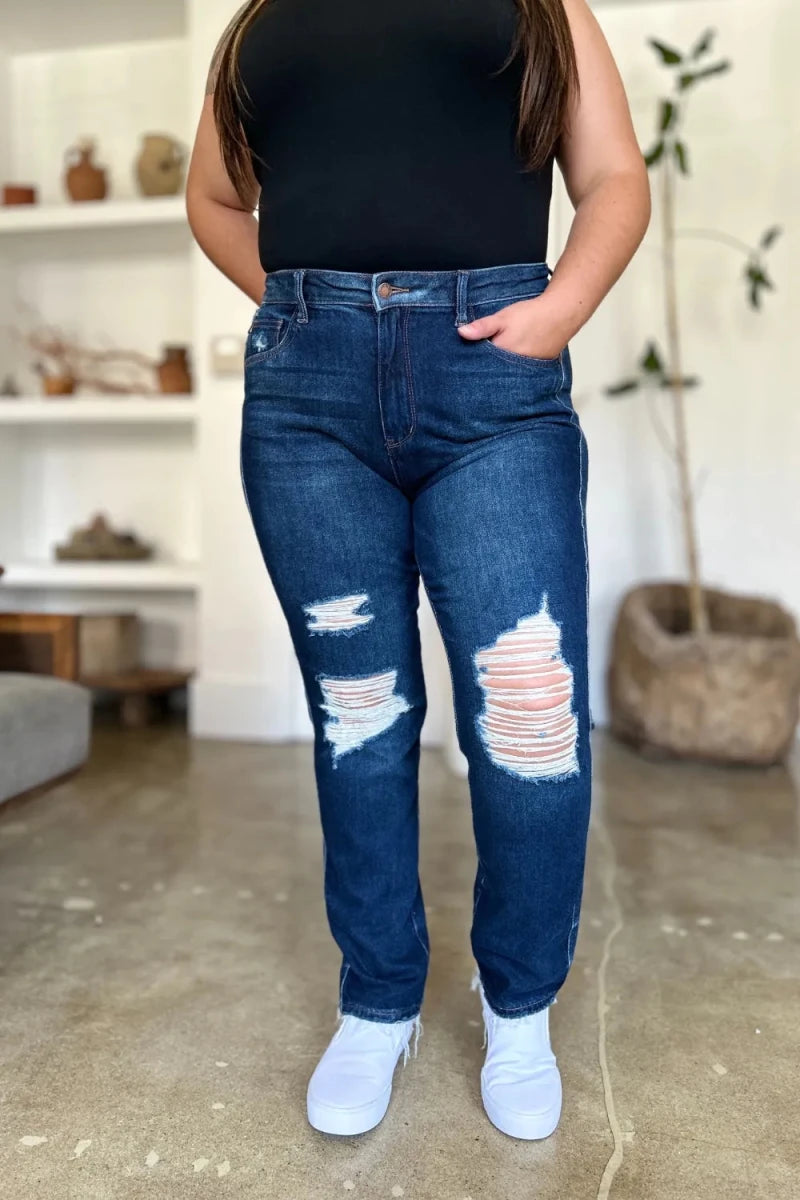 Judy Blue Full Size High Waist Rigid Magic Heavy Destroy Straight Jeans - AMVIM