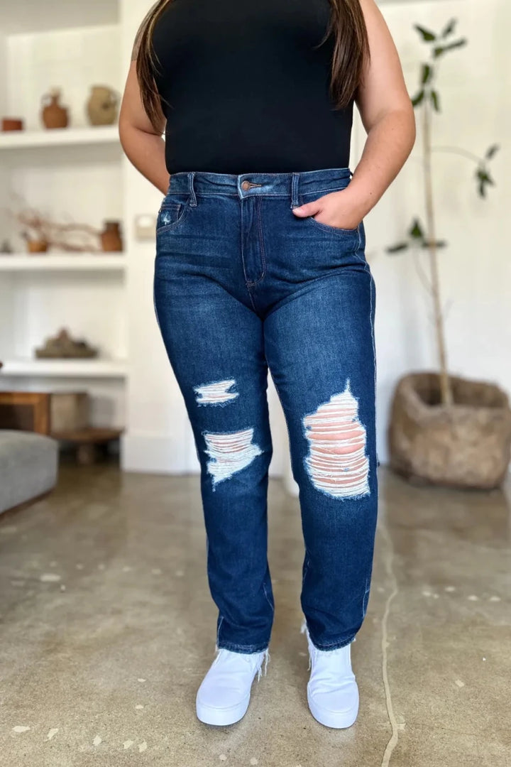 Judy Blue Full Size High Waist Rigid Magic Heavy Destroy Straight Jeans - AMVIM