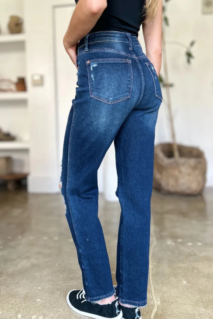Judy Blue Full Size High Waist Rigid Magic Heavy Destroy Straight Jeans - AMVIM