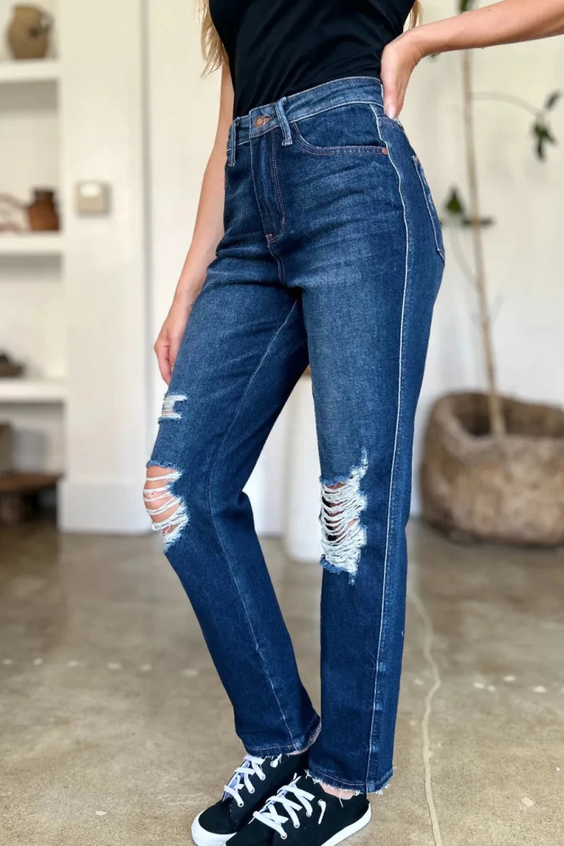 Judy Blue Full Size High Waist Rigid Magic Heavy Destroy Straight Jeans - AMVIM