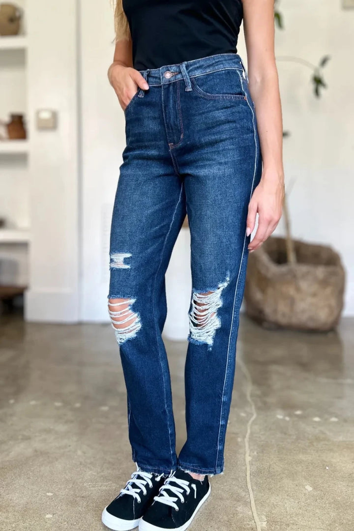 Judy Blue Full Size High Waist Rigid Magic Heavy Destroy Straight Jeans - AMVIM