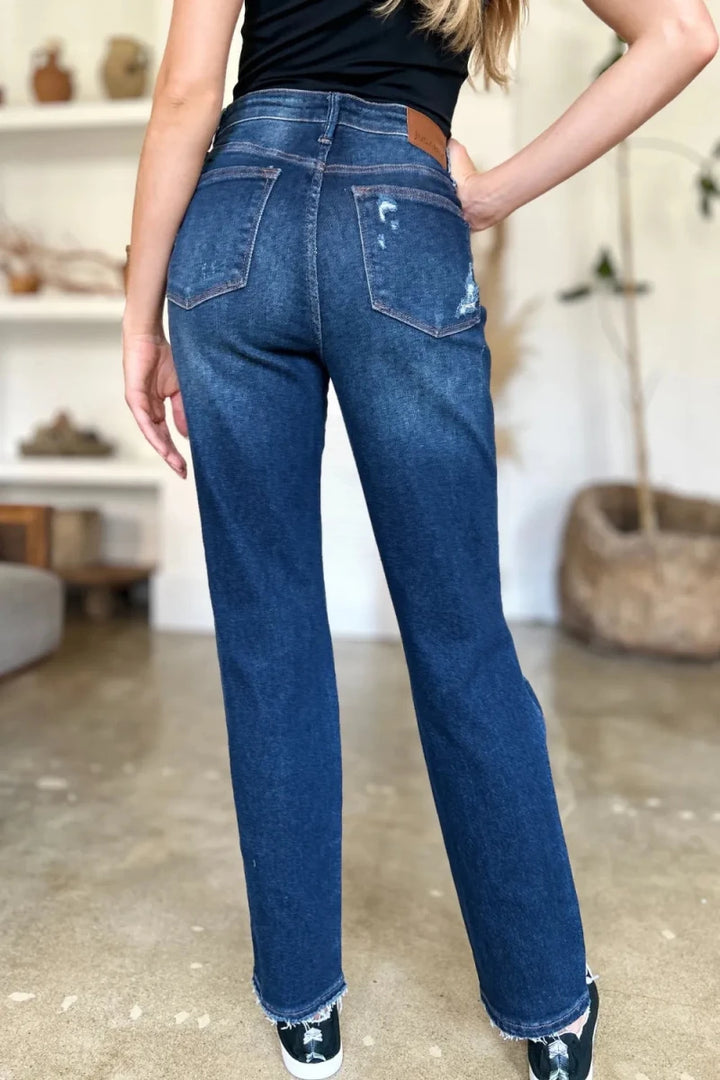 Judy Blue Full Size High Waist Rigid Magic Heavy Destroy Straight Jeans - AMVIM