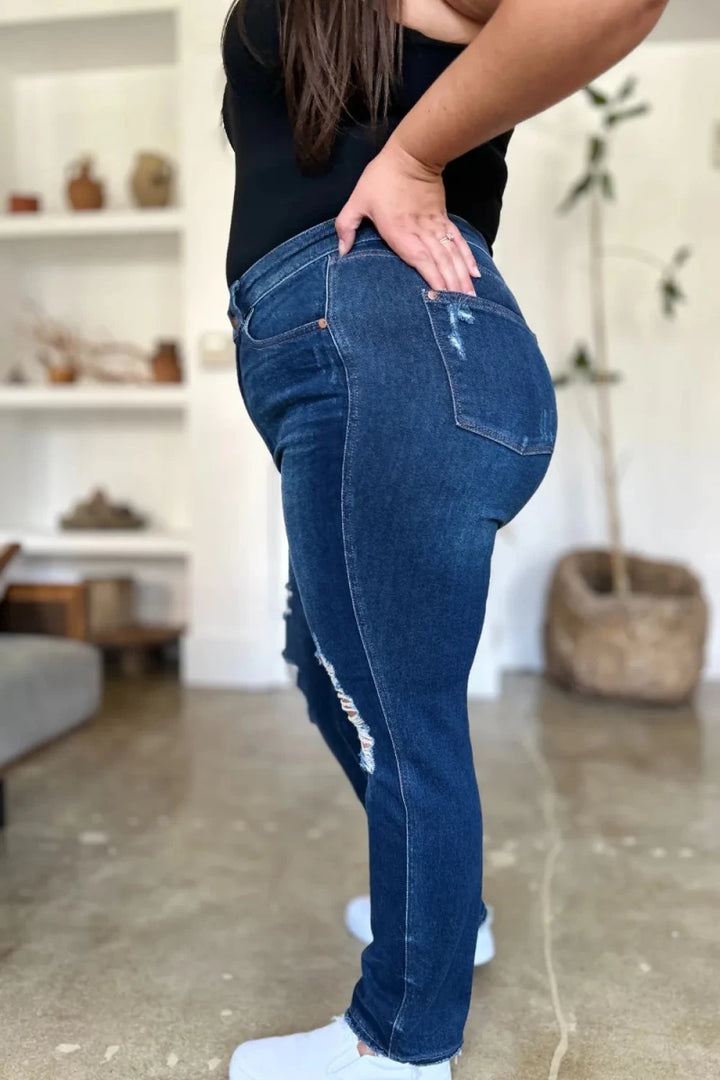 Judy Blue Full Size High Waist Rigid Magic Heavy Destroy Straight Jeans - AMVIM
