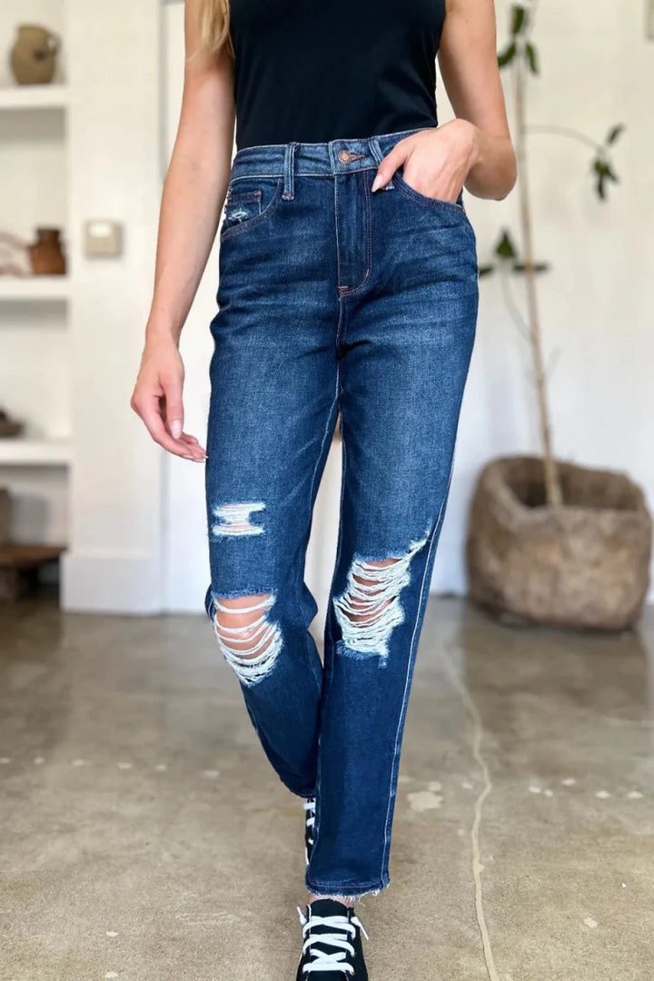 Judy Blue Full Size High Waist Rigid Magic Heavy Destroy Straight Jeans - AMVIM