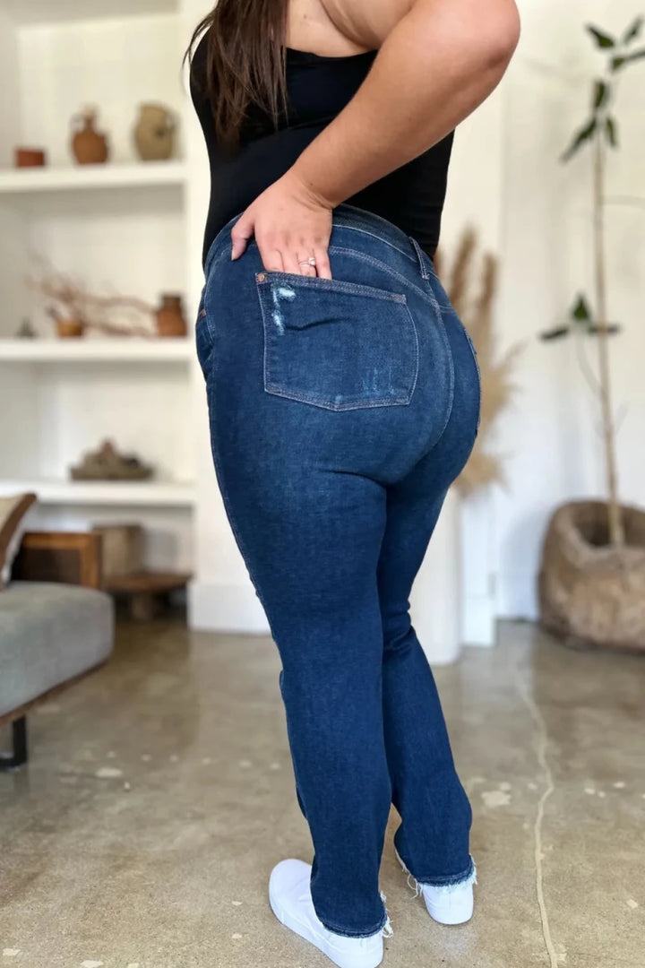 Judy Blue Full Size High Waist Rigid Magic Heavy Destroy Straight Jeans - AMVIM