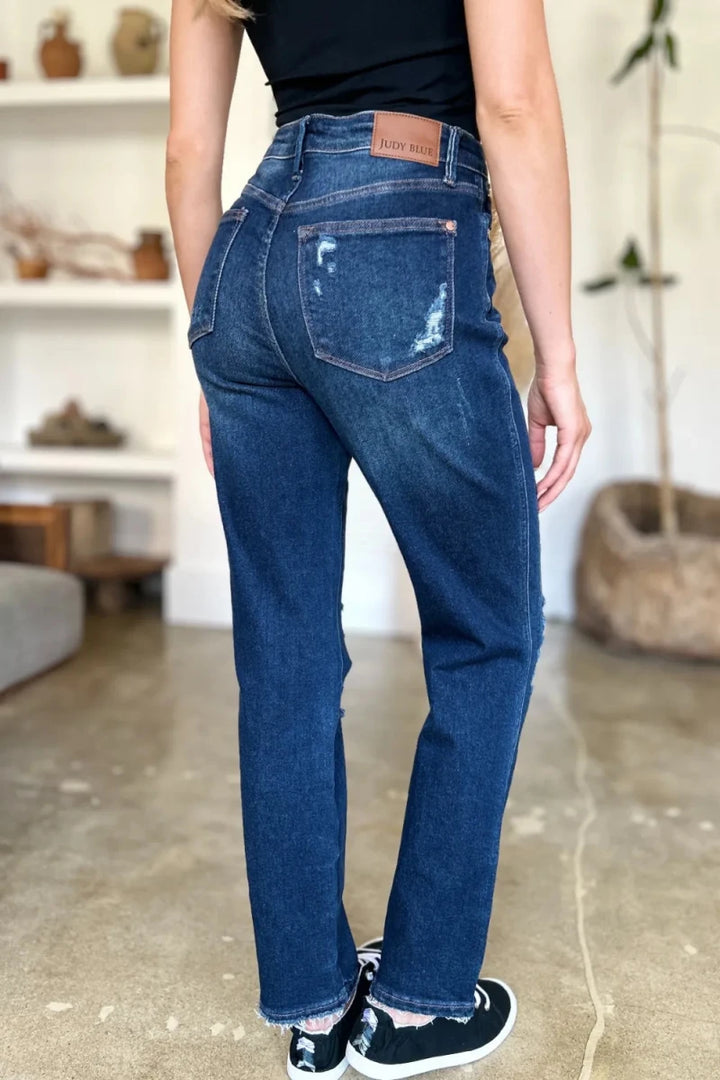 Judy Blue Full Size High Waist Rigid Magic Heavy Destroy Straight Jeans - AMVIM