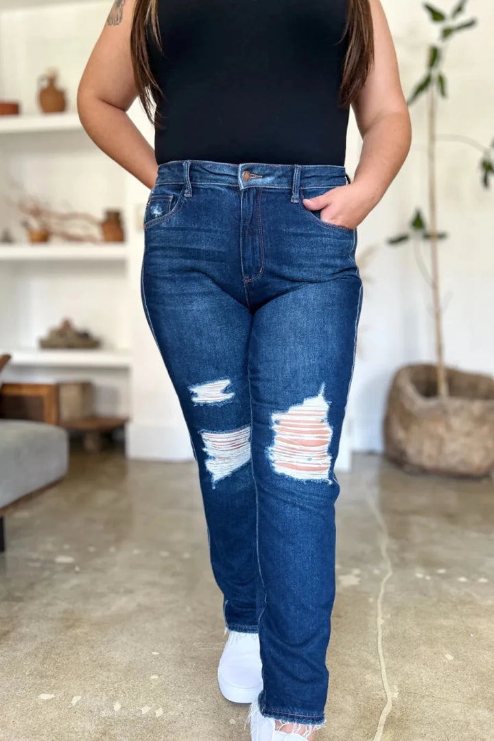 Judy Blue Full Size High Waist Rigid Magic Heavy Destroy Straight Jeans - AMVIM