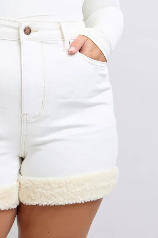 Judy Blue Full Size High Waist Shearling Cuff Denim Shorts Plus Size - AMVIM