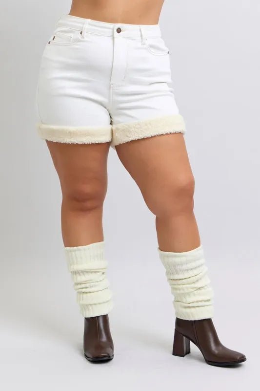 Judy Blue Full Size High Waist Shearling Cuff Denim Shorts Plus Size - AMVIM