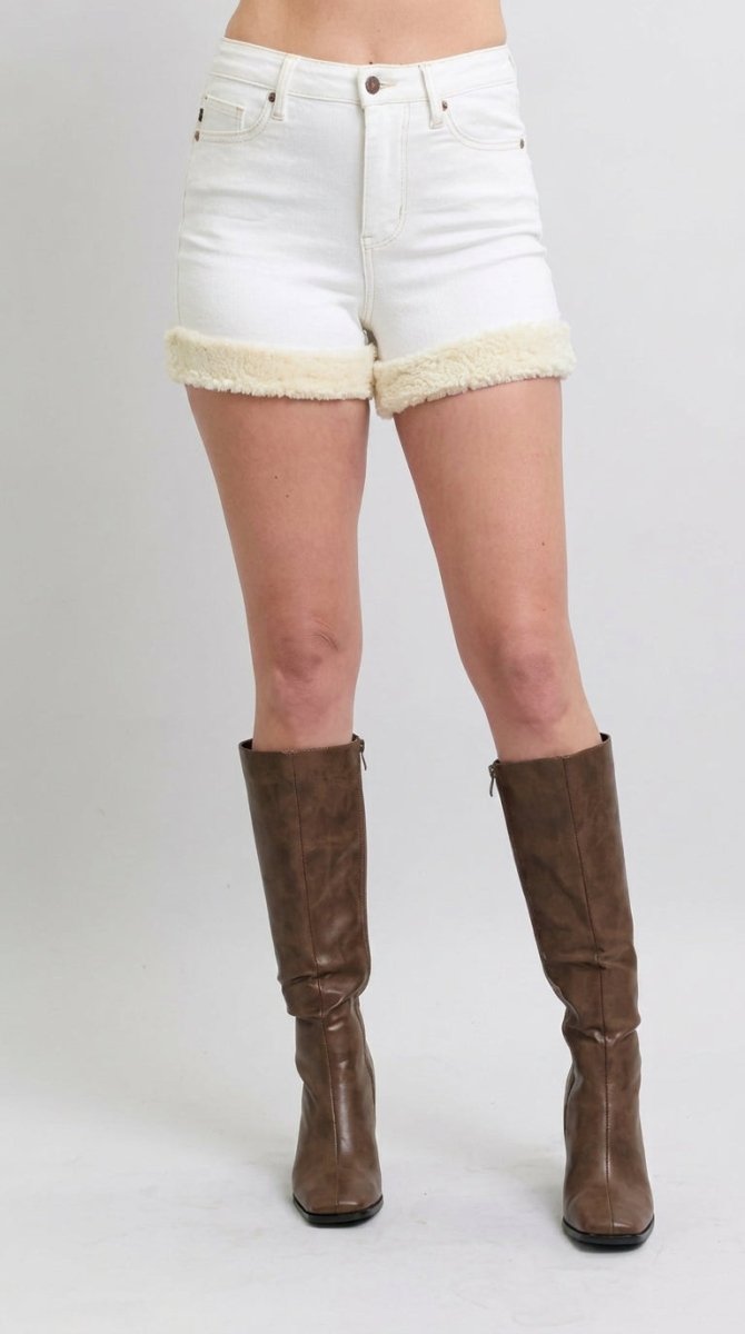 Judy Blue Full Size High Waist Shearling Cuff Denim Shorts Plus Size - AMVIM