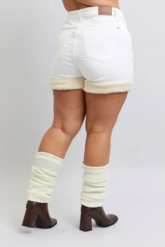 Judy Blue Full Size High Waist Shearling Cuff Denim Shorts Plus Size - AMVIM