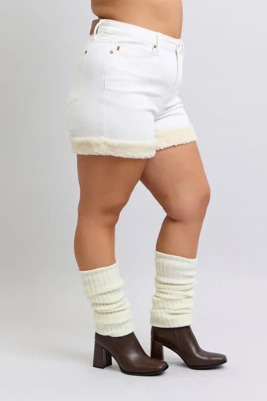 Judy Blue Full Size High Waist Shearling Cuff Denim Shorts Plus Size - AMVIM