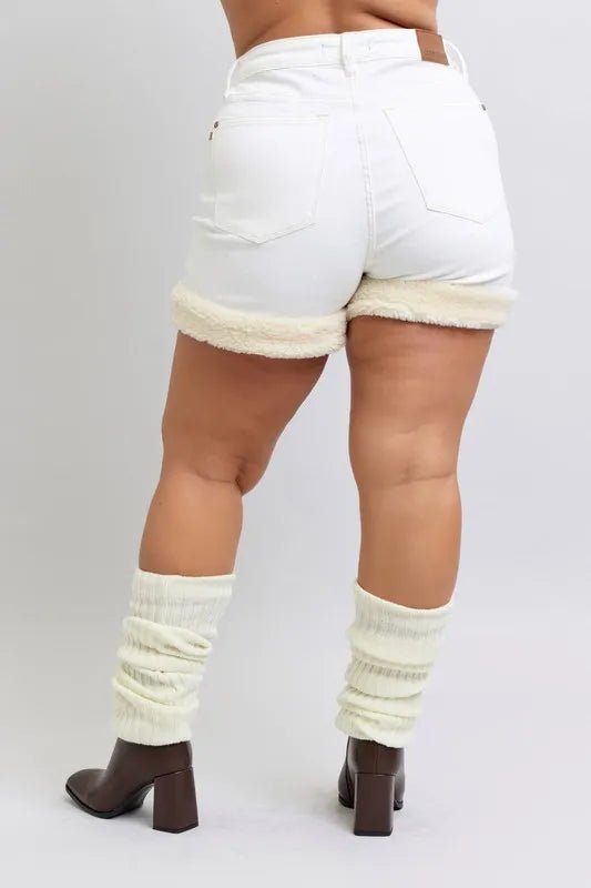 Judy Blue Full Size High Waist Shearling Cuff Denim Shorts Plus Size - AMVIM