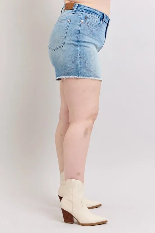 Judy Blue Full Size High Waist Western Embroidery Detail Cut Off Denim Shorts Plus Size - AMVIM