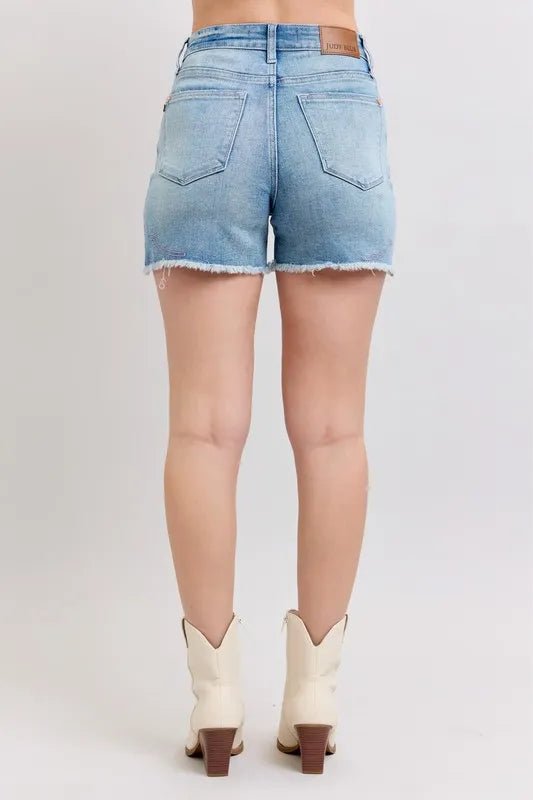 Judy Blue Full Size High Waist Western Embroidery Detail Cut Off Denim Shorts Plus Size - AMVIM
