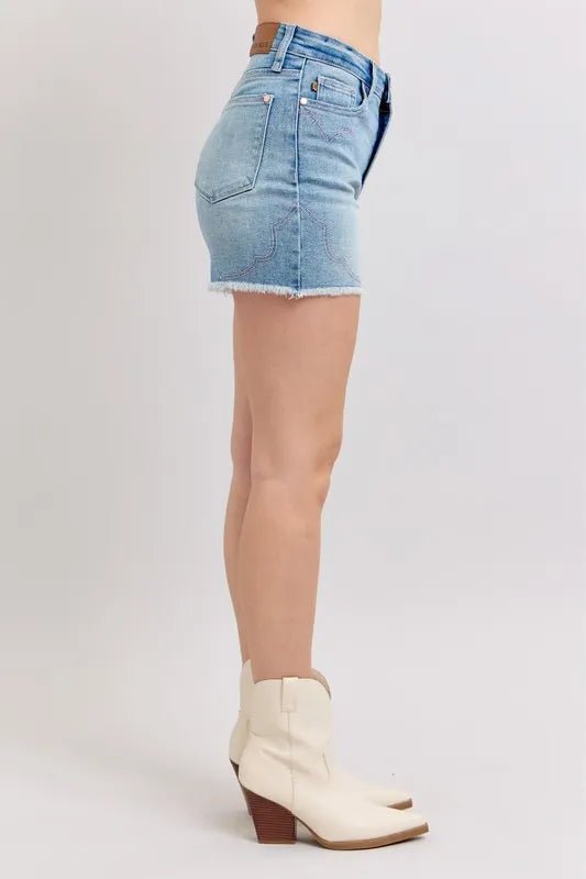 Judy Blue Full Size High Waist Western Embroidery Detail Cut Off Denim Shorts Plus Size - AMVIM