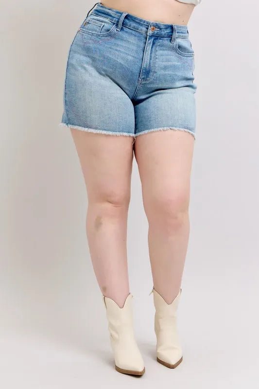 Judy Blue Full Size High Waist Western Embroidery Detail Cut Off Denim Shorts Plus Size - AMVIM