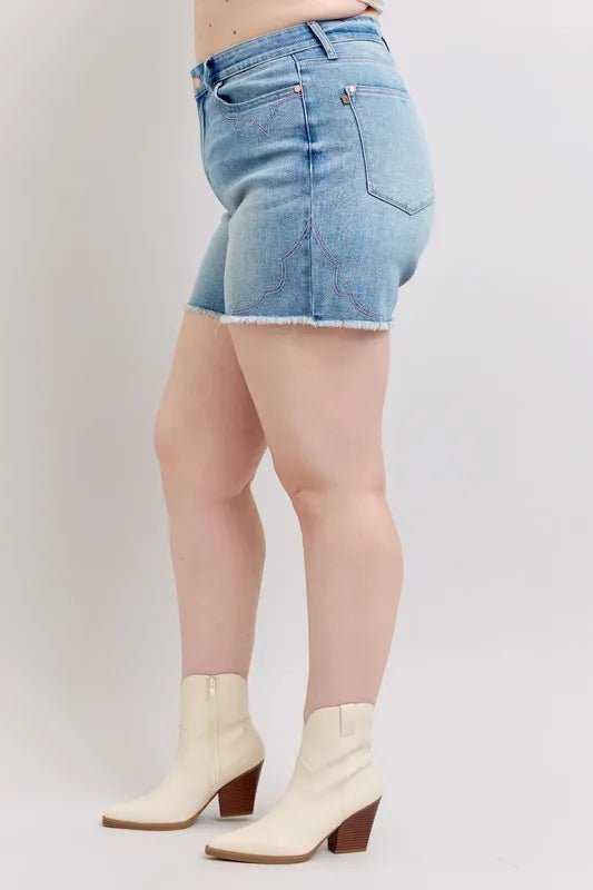 Judy Blue Full Size High Waist Western Embroidery Detail Cut Off Denim Shorts Plus Size - AMVIM