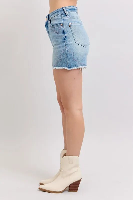 Judy Blue Full Size High Waist Western Embroidery Detail Cut Off Denim Shorts Plus Size - AMVIM