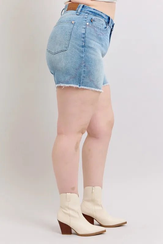 Judy Blue Full Size High Waist Western Embroidery Detail Cut Off Denim Shorts Plus Size - AMVIM