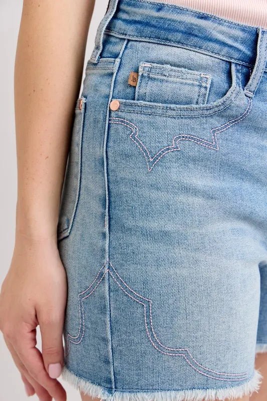Judy Blue Full Size High Waist Western Embroidery Detail Cut Off Denim Shorts Plus Size - AMVIM