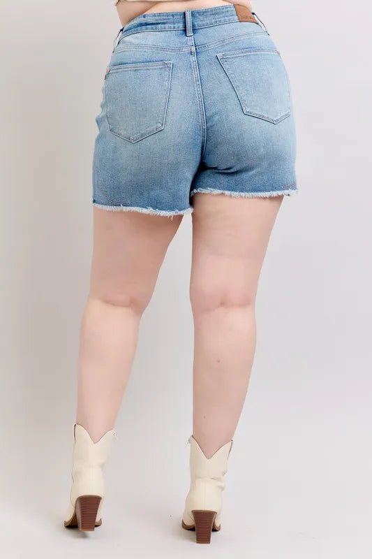 Judy Blue Full Size High Waist Western Embroidery Detail Cut Off Denim Shorts Plus Size - AMVIM