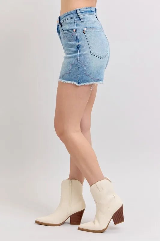 Judy Blue Full Size High Waist Western Embroidery Detail Cut Off Denim Shorts Plus Size - AMVIM