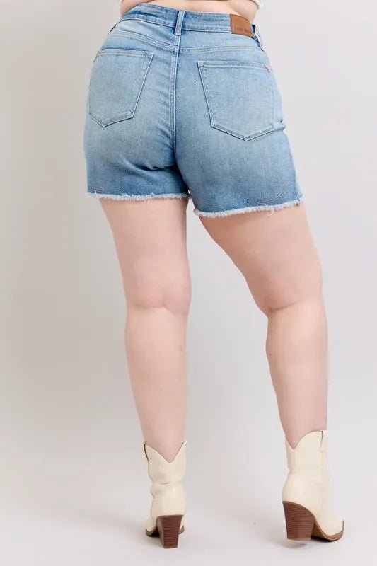 Judy Blue Full Size High Waist Western Embroidery Detail Cut Off Denim Shorts Plus Size - AMVIM