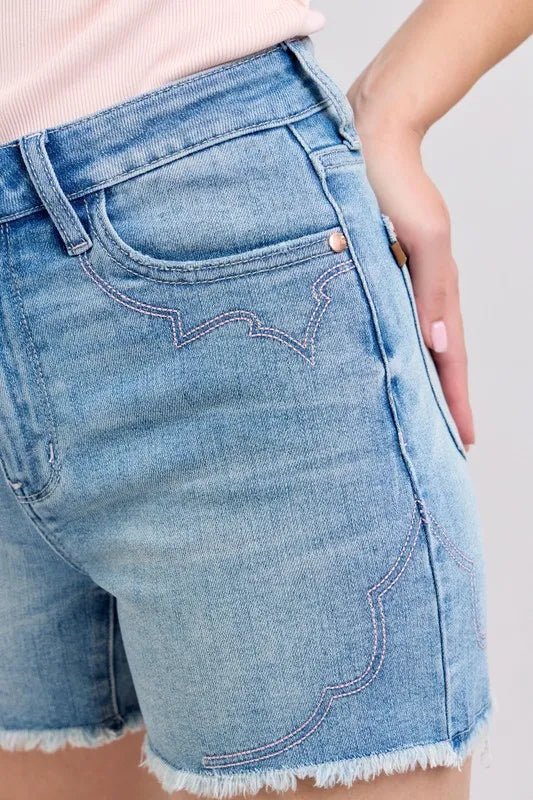 Judy Blue Full Size High Waist Western Embroidery Detail Cut Off Denim Shorts Plus Size - AMVIM