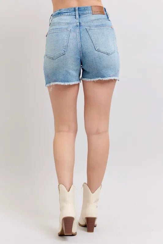 Judy Blue Full Size High Waist Western Embroidery Detail Cut Off Denim Shorts Plus Size - AMVIM