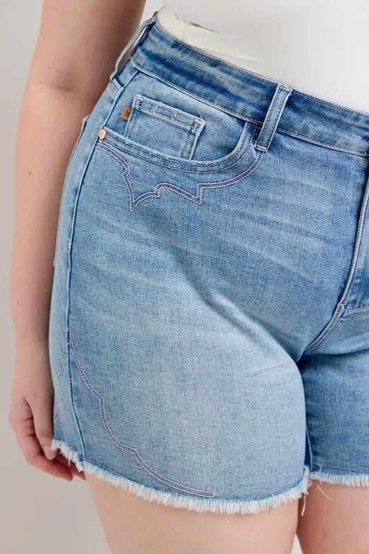 Judy Blue Full Size High Waist Western Embroidery Detail Cut Off Denim Shorts Plus Size - AMVIM