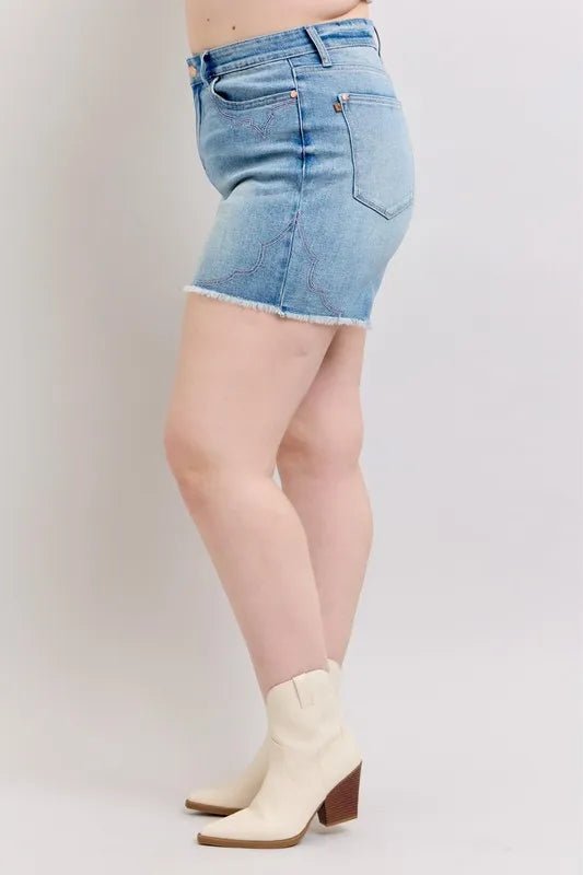 Judy Blue Full Size High Waist Western Embroidery Detail Cut Off Denim Shorts Plus Size - AMVIM