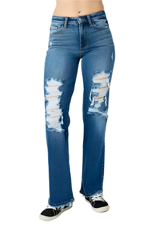 Judy Blue Full Size Mid Rise Distressed Raw Hem Jeans - AMVIM