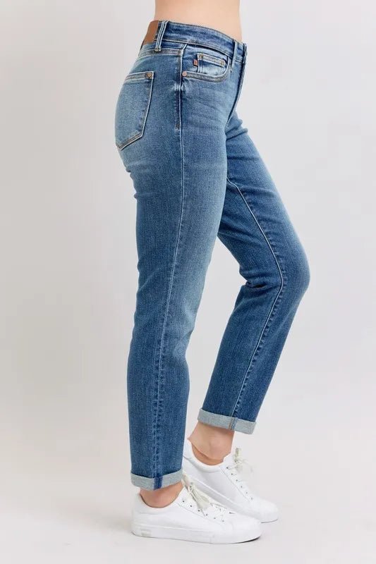 Judy Blue Full Size Mid Rise Skinny Cuff Jeans with Pockets Plus Size - AMVIM