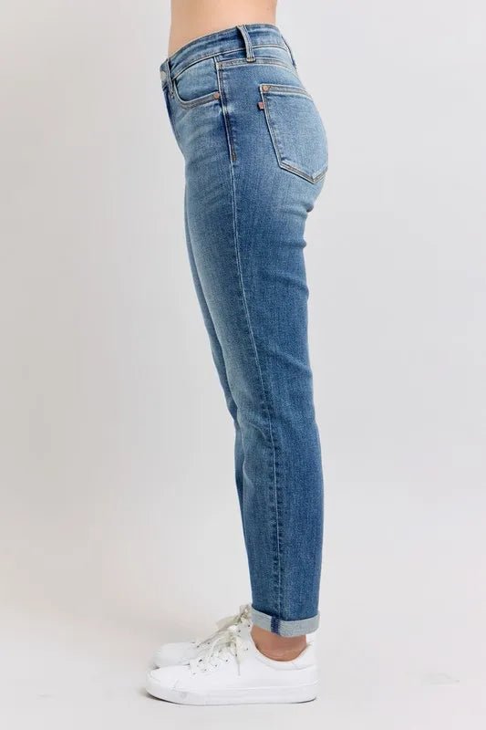 Judy Blue Full Size Mid Rise Skinny Cuff Jeans with Pockets Plus Size - AMVIM