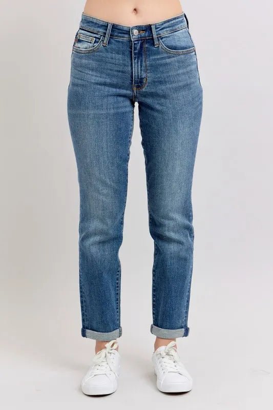 Judy Blue Full Size Mid Rise Skinny Cuff Jeans with Pockets Plus Size - AMVIM