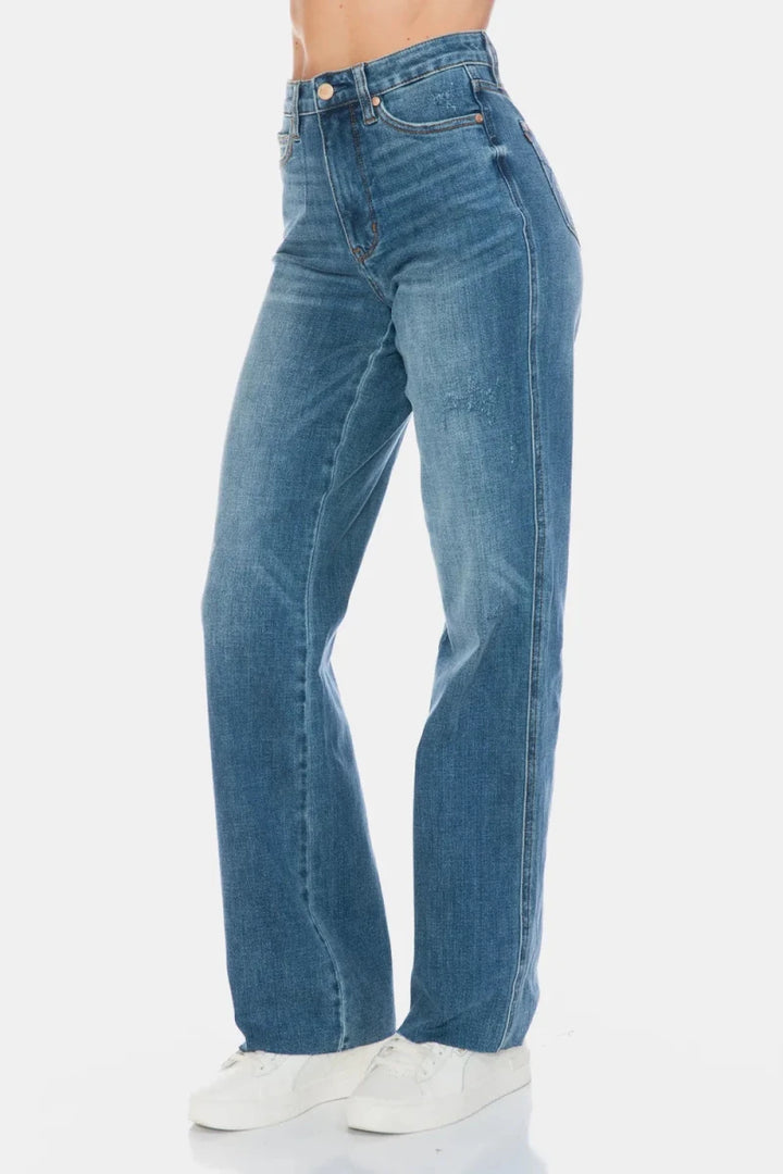 Judy Blue Full Size Tummy Control Cut Raw Hem Straight Jeans - AMVIM