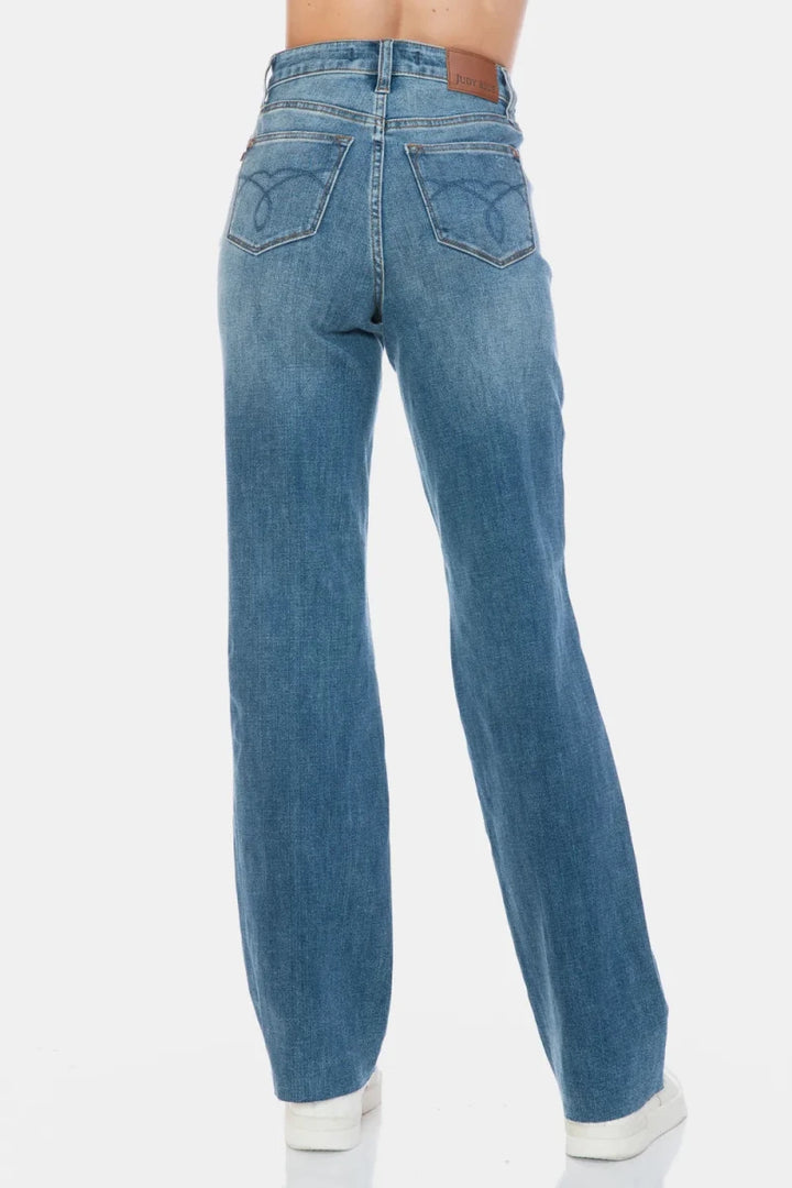 Judy Blue Full Size Tummy Control Cut Raw Hem Straight Jeans - AMVIM