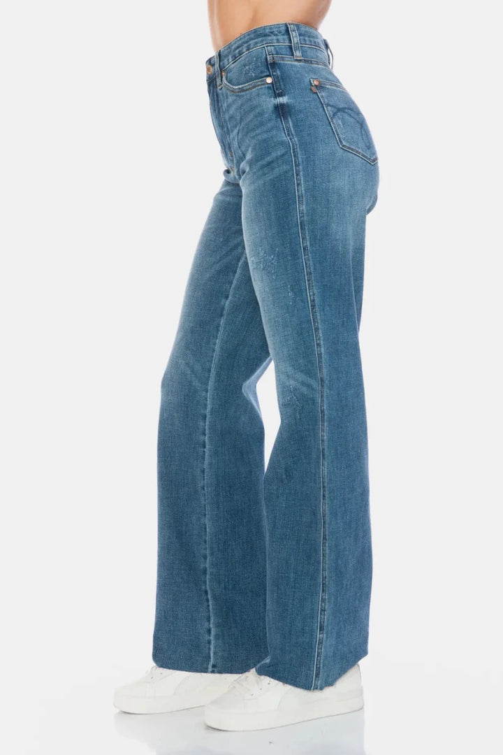 Judy Blue Full Size Tummy Control Cut Raw Hem Straight Jeans - AMVIM
