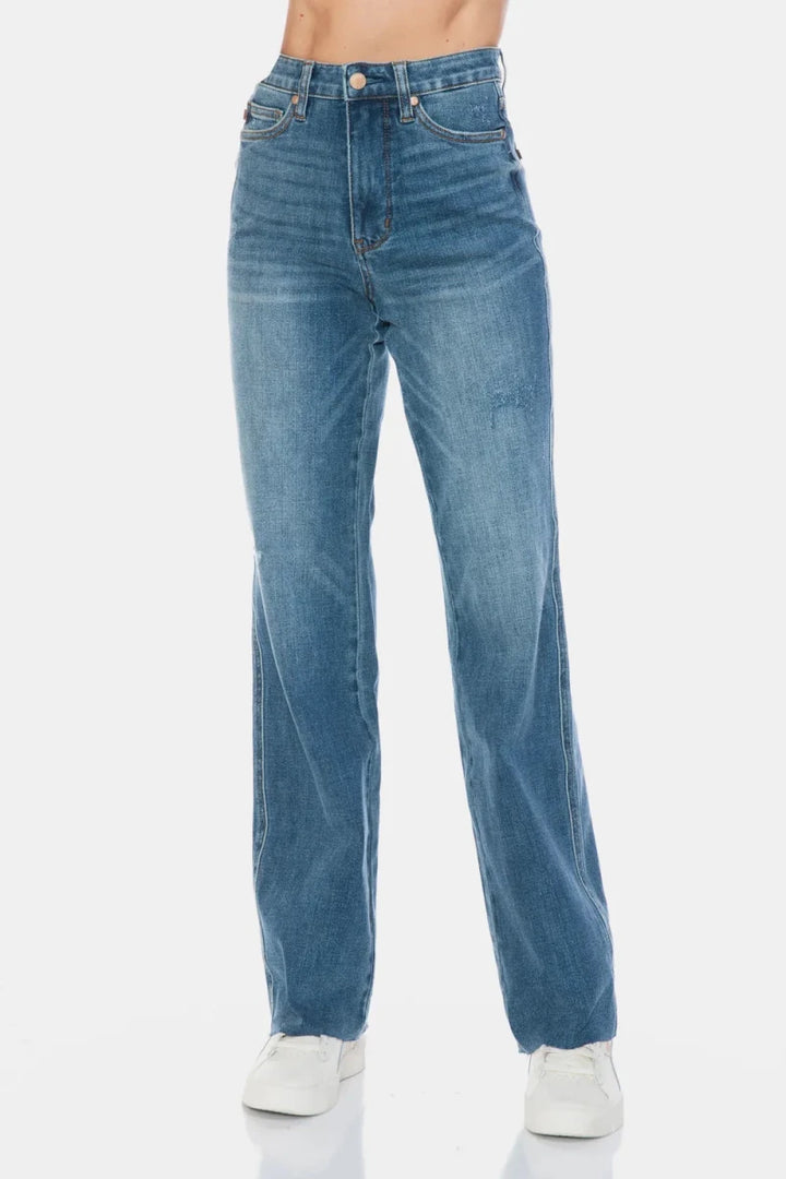 Judy Blue Full Size Tummy Control Cut Raw Hem Straight Jeans - AMVIM