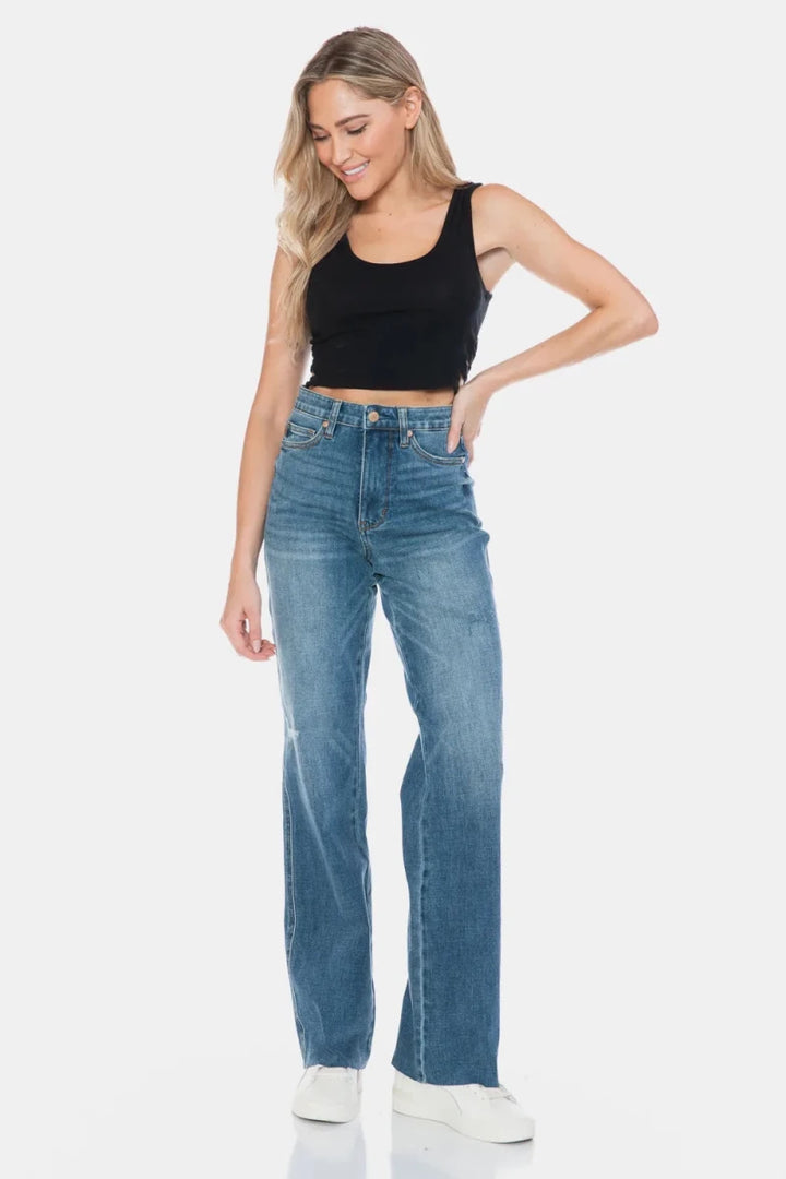 Judy Blue Full Size Tummy Control Cut Raw Hem Straight Jeans - AMVIM