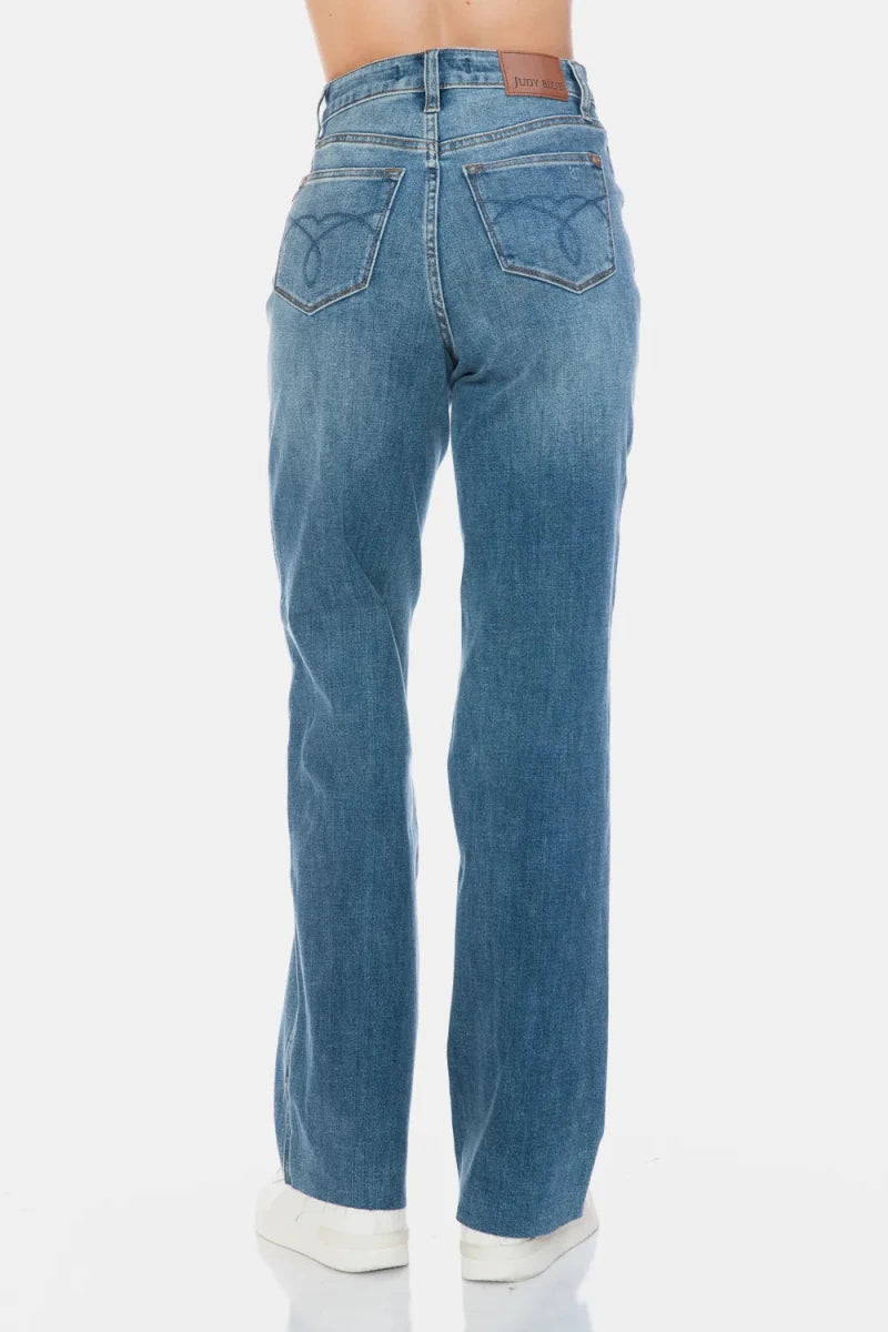 Judy Blue Full Size Tummy Control Cut Raw Hem Straight Jeans - AMVIM