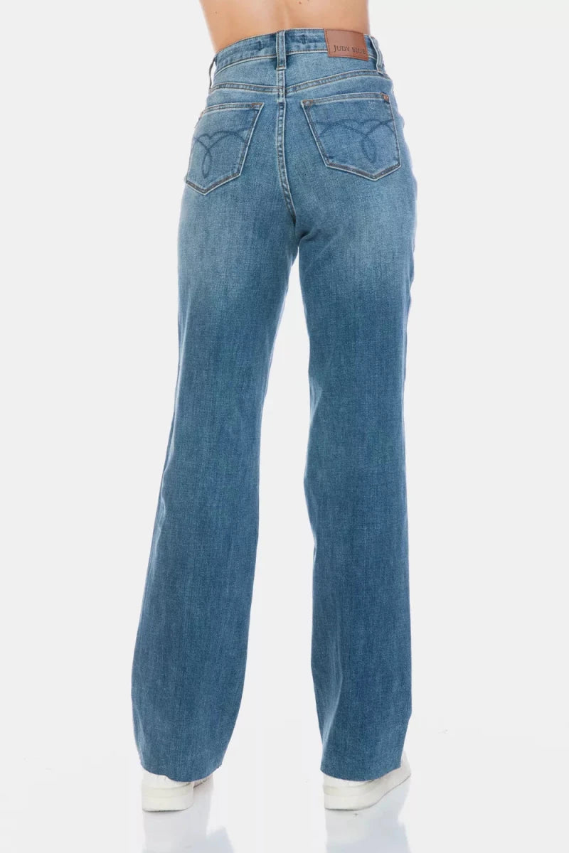 Judy Blue Full Size Tummy Control Cut Raw Hem Straight Jeans - AMVIM
