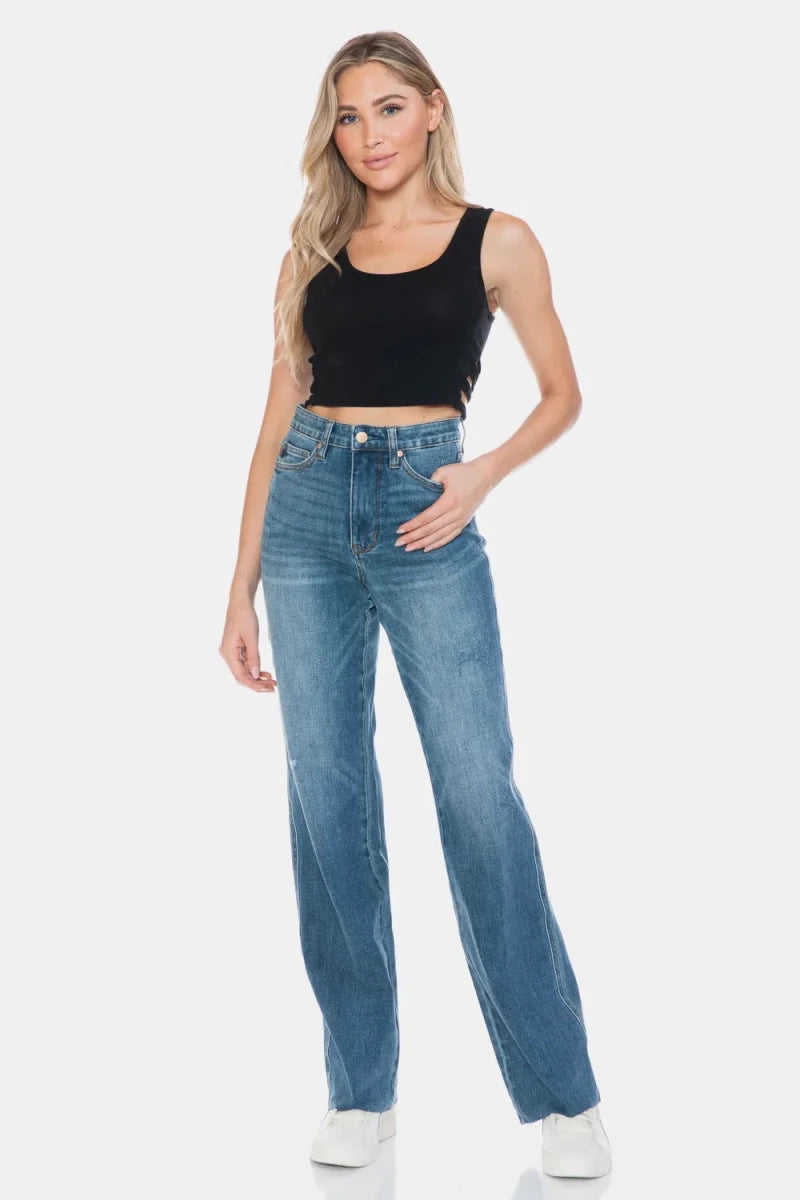 Judy Blue Full Size Tummy Control Cut Raw Hem Straight Jeans - AMVIM