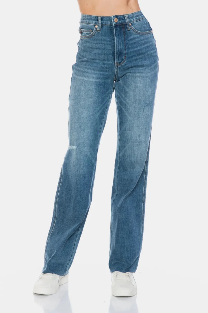 Judy Blue Full Size Tummy Control Cut Raw Hem Straight Jeans - AMVIM