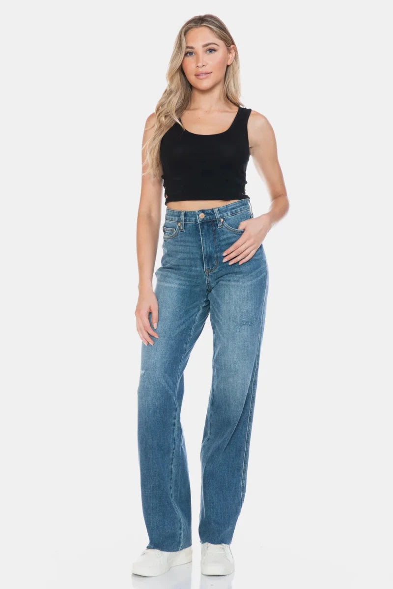 Judy Blue Full Size Tummy Control Cut Raw Hem Straight Jeans - AMVIM