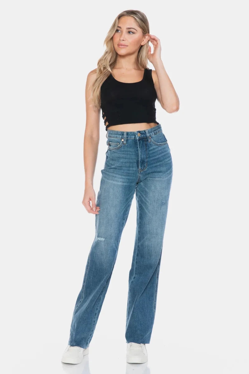 Judy Blue Full Size Tummy Control Cut Raw Hem Straight Jeans - AMVIM