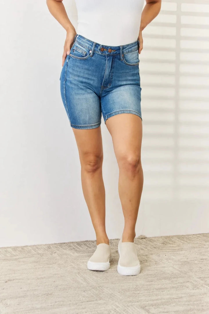 Judy Blue Full Size Tummy Control Double Button Bermuda Denim Shorts - AMVIM