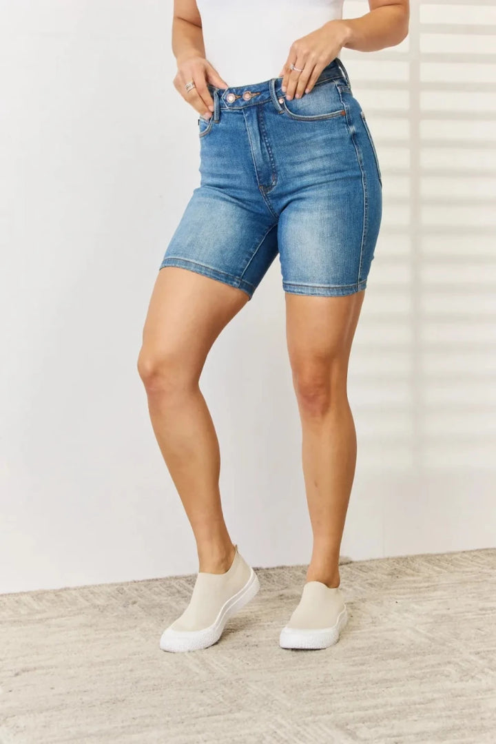 Judy Blue Full Size Tummy Control Double Button Bermuda Denim Shorts - AMVIM