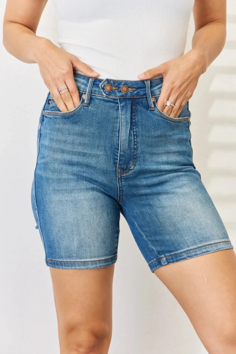 Judy Blue Full Size Tummy Control Double Button Bermuda Denim Shorts - AMVIM